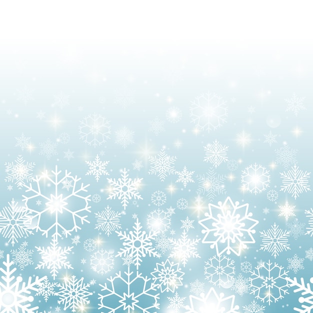 雪片の水平方向のシームレスなパターンとクリスマスの青い背景