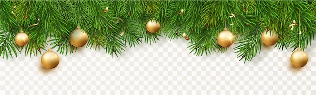 Christmas border with fir branches, Christmas gold ball and confetti. Winter holiday background isolated. Great for New year cards, banners, headers, party posters