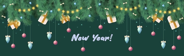 お祝いのボールと花輪、暗い背景に新年あけましておめでとうとメリークリスマスの挨拶とクリスマスの枝-ベクトル
