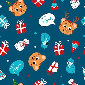 Christmas bright seamless pattern in cartoon style tiger gifts stars party hat snowflakes