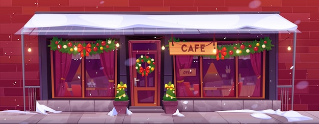 無料ベクター 花輪やモミの木で飾られたクリスマスカフェ都市のコーヒーショップ入口の赤いカーテンテーブル椅子窓から見える屋根上の雪のベクトル漫画のイラスト都市の休日の気分