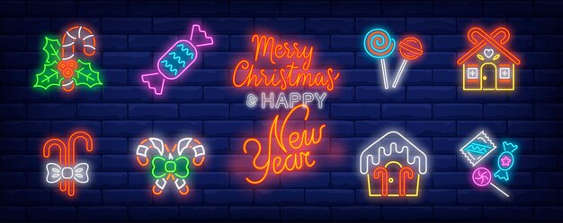 christmas candies symbols set in neon style