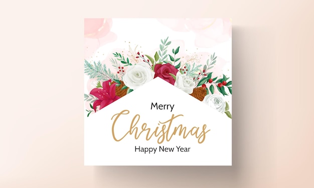 無料ベクター 美しい花と金箔のクリスマスカードテンプレートデザイン