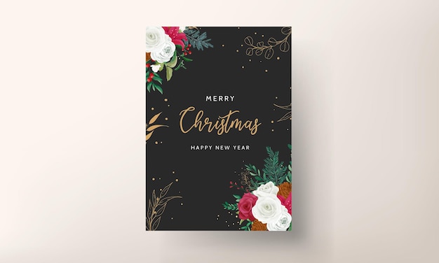 christmas card template design with beautiful flower and gold leaves