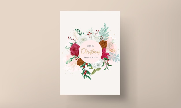 Free vector christmas card template design with beautiful flower and gold leaves