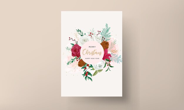 christmas card template design with beautiful flower and gold leaves