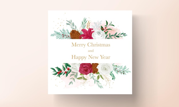 Christmas card template design with beautiful flower and gold leaves