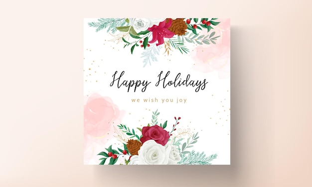 christmas card template design with beautiful flower and gold leaves