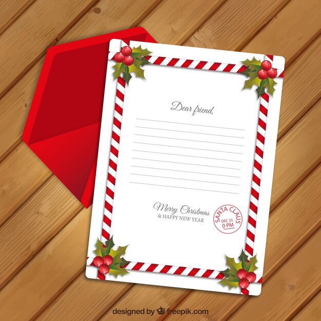 Christmas card template with decorative border and red envelope