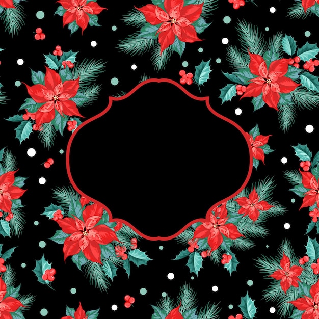 Free vector christmas card with frame and christmas flowers seamless pattern