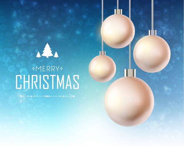 christmas card with realistic hanging Christmas baubles and inscription on glowing blue