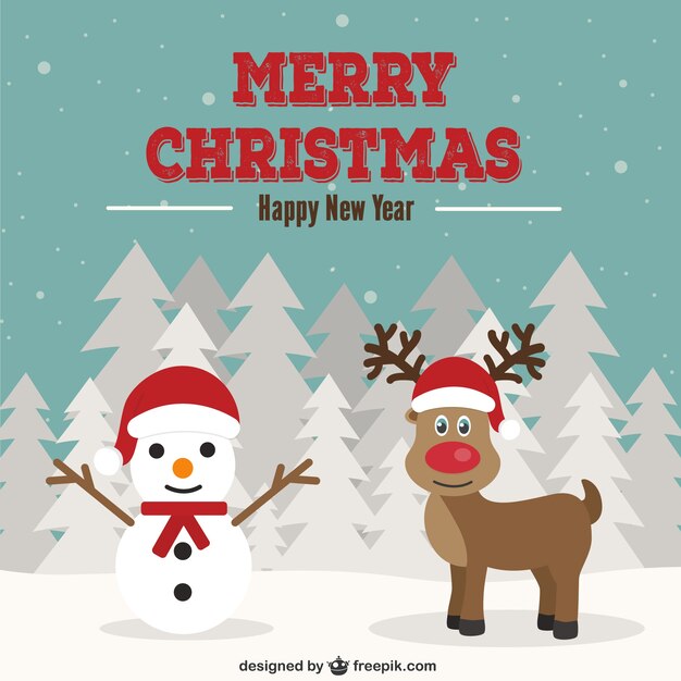 Christmas card with snowman and reindeer