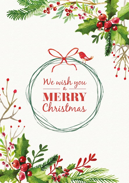christmas card with watercolor mistletoe decoration 
