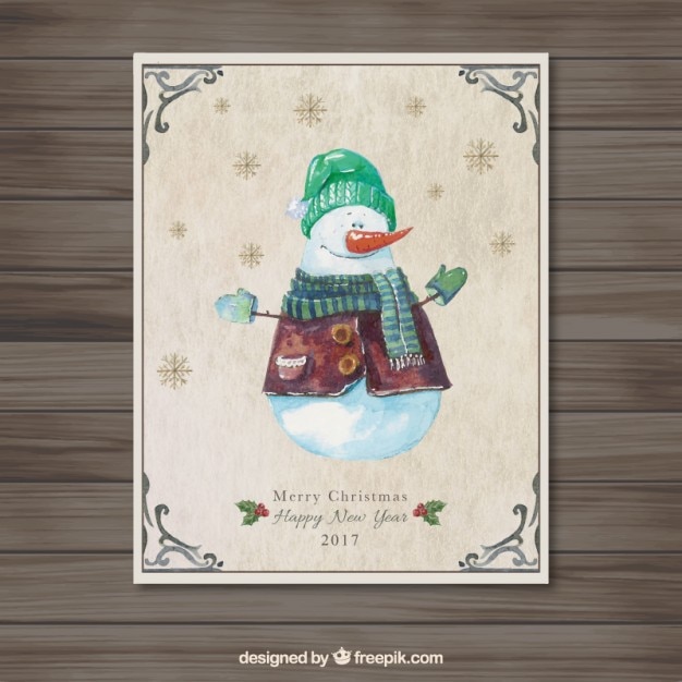 Free Vector christmas card with watercolor snowman