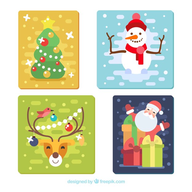 Christmas cards with characters and christmas tree in flat design