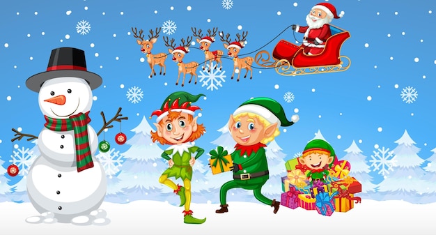 Christmas cartoon characters on snowy blue background