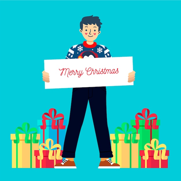 Christmas character holding blank banner