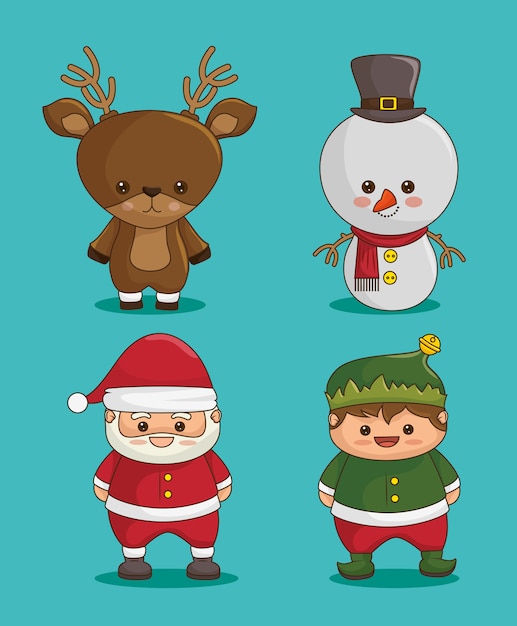 Free vector christmas characters: deer, snowman, santa claus and elf