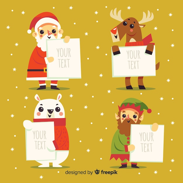 Christmas characters holding blank sign collection