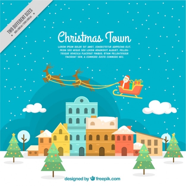 Free vector christmas city background with santa clause on sledge