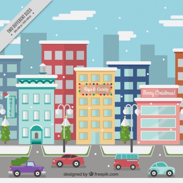 Christmas city with buildings and cars in flat design