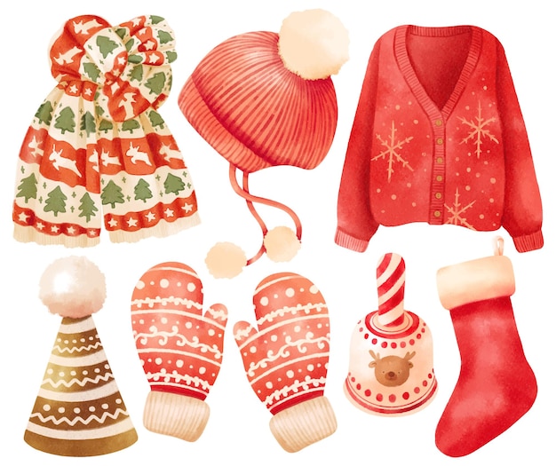 Рождественские элементы одежды иллюстрации акварель стили Premium векторы