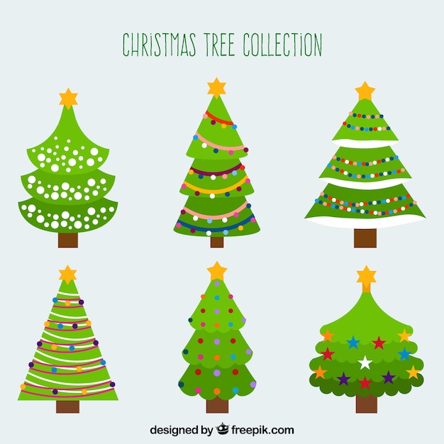 Christmas collection of six decorated trees