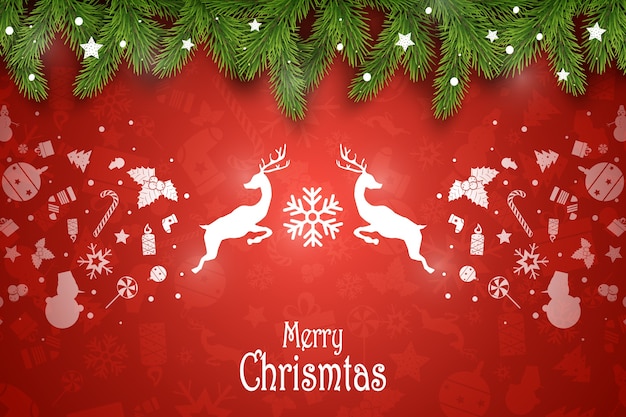 Рождественский состав. праздничные пожелания на красном фоне с еловыми ветками. для приветствия