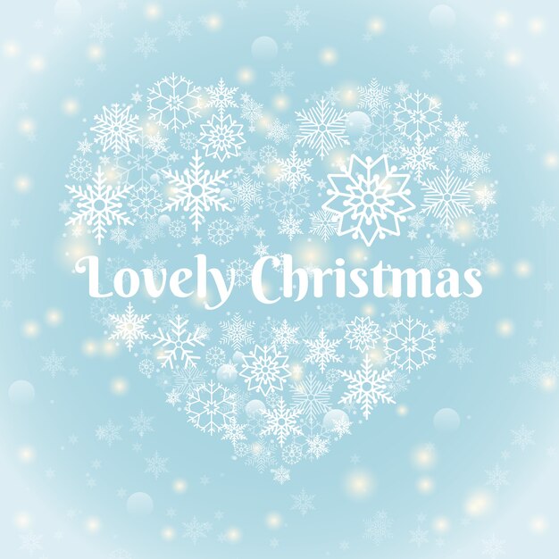 Free vector christmas concept - lovely christmas texts on heart shape snowflakes on sky blue background with sparks.