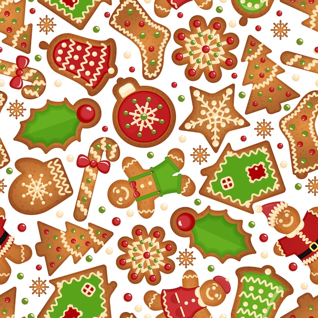 クリスマスのクッキーの背景。クリスマスクッキーのシームレスなお祝いのパターン