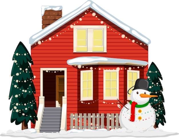 Бесплатное векторное изображение Рождественский украшенный дом со снеговиком