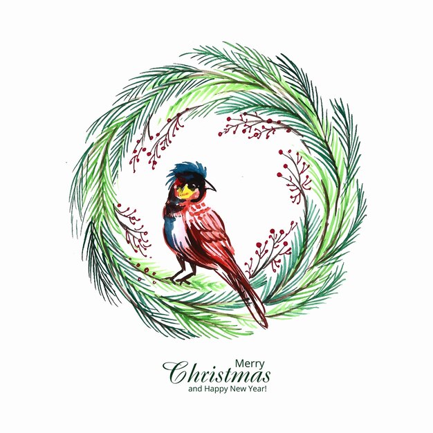 Christmas decorated wreath with bird cardinal on a white background