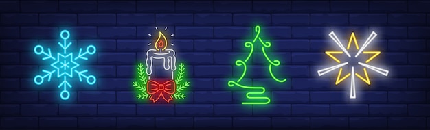 Christmas decoration symbols set in neon style