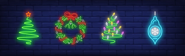 Christmas decoration symbols set in neon style