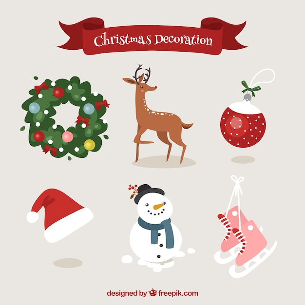 Free vector christmas decorative elements with deer and snowman