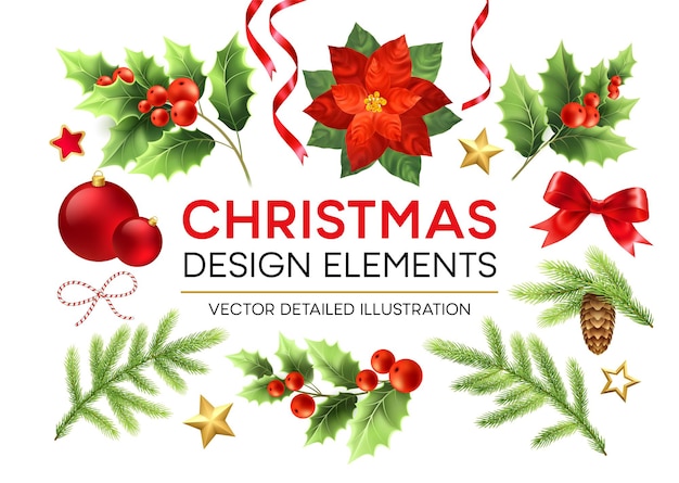 クリスマスのデザイン要素を設定します。ポインセチア、モミの枝、ベリーとミストレットの小枝、松ぼっくりのデザイン要素。クリスマスの飾り。クリスマスボール、リボン、弓。孤立したベクトルの詳細図