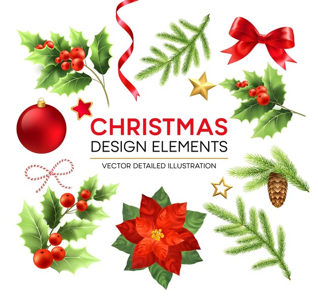 크리스마스 디자인 요소 집합입니다. 크리스마스 장식 및 개체입니다. 포인세티아, 전나무 가지, 겨우살이 열매, 솔방울 디자인 요소. 크리스마스 공, 리본 및 활입니다. 격리 된 벡터 자세한 그림