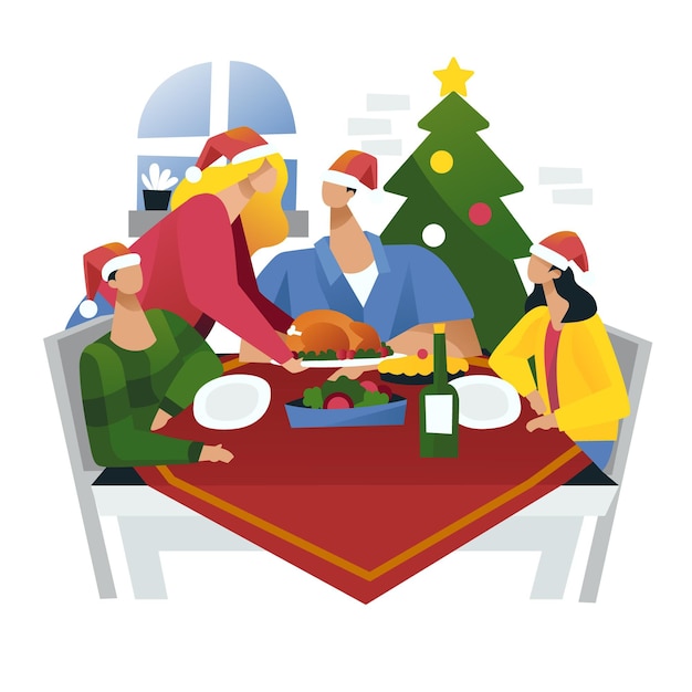 Бесплатное векторное изображение Иллюстрация сцены рождественского ужина