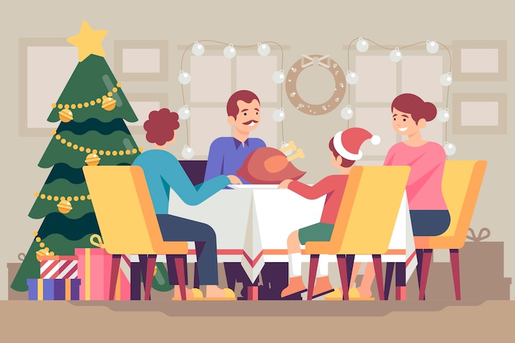 Free Vector christmas dinner scene with fir tree