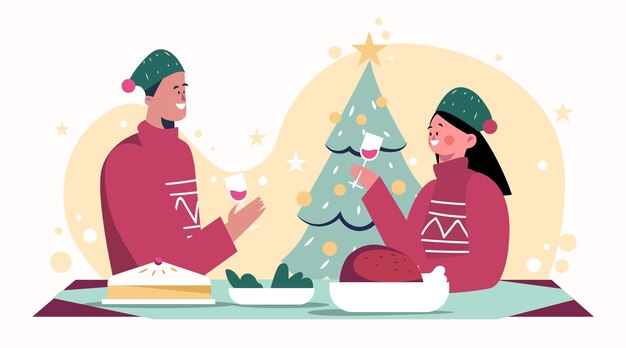 親と子の子供のテーブルに座って クリスマスイブに食事のイラスト プレミアムベクター 親と子の子供のテーブルに座って クリスマスイブに食事のイラスト プレミアムベクター