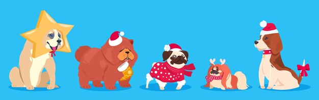 彼らの犬と子供たちのグループは 白い背景の上のクリスマスの衣装の漫画のキャラクターを着ています 無料のベクター