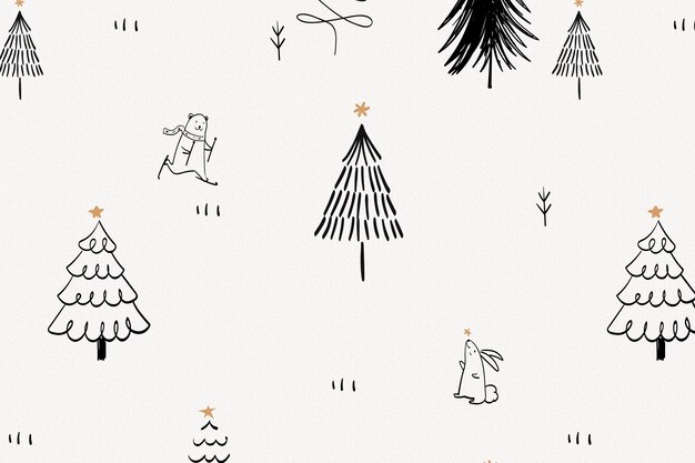 Christmas doodle background, cute polar bear animal pattern in black vector