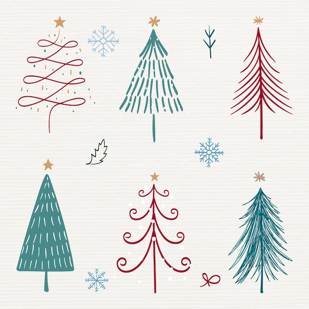 Рождественский каракули наклейка, милое дерево и иллюстрация животных в красном и зеленом векторном наборе