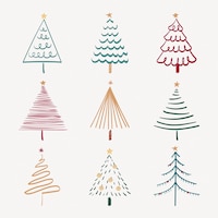 빨간색과 녹색 벡터 세트에 크리스마스 낙서 스티커, 귀여운 나무와 동물 그림