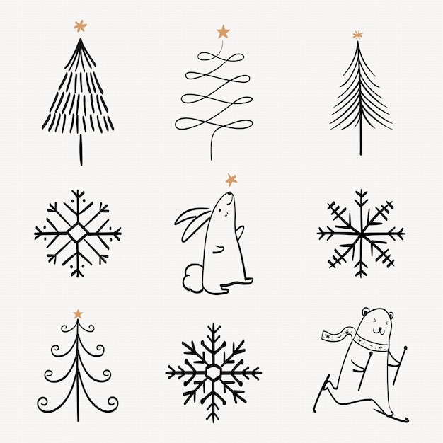 Free vector christmas doodle sticker, cute tree and animal illustration in black vector set