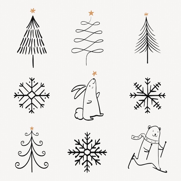 크리스마스 낙서 스티커, 검은 벡터 세트에 귀여운 나무와 동물 그림