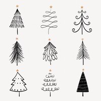 免费矢量圣诞涂鸦贴纸,可爱的树和动物插图黑色向量集