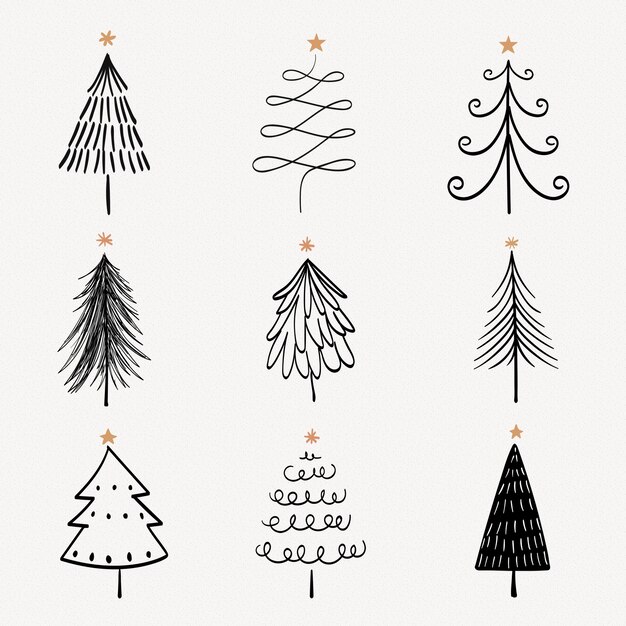 Christmas doodle sticker, cute tree and animal illustration in black vector set