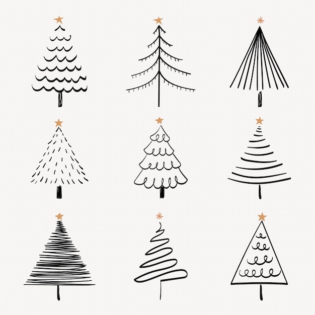 Рождественский каракули наклейка, милое дерево и иллюстрация животных в черном векторном наборе