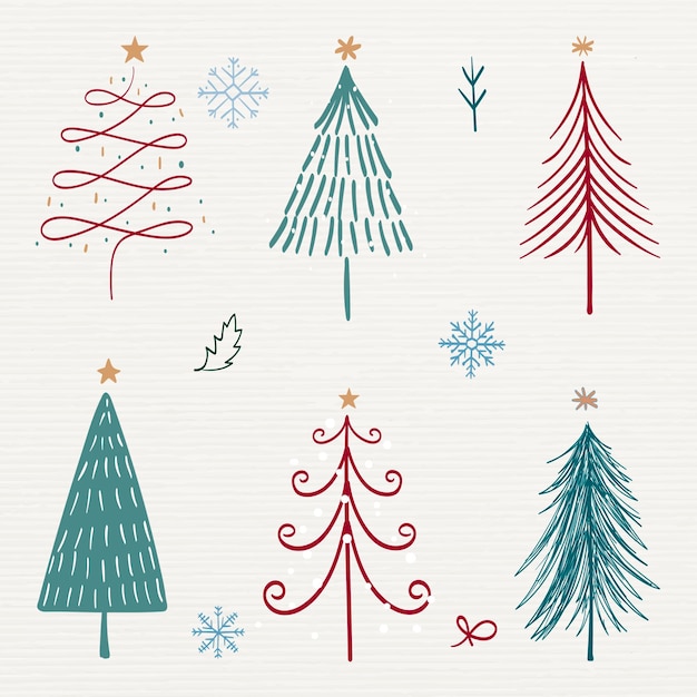Christmas doodle sticker, cute tree and animal illustration in red and green vector set